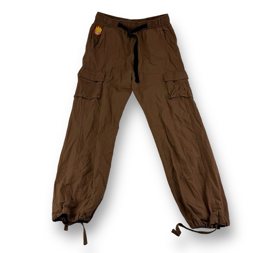 Spitfire Bighead Brown Cargo Embroidered Belted Y2K Cuff Pants Mens Size‎ Medium